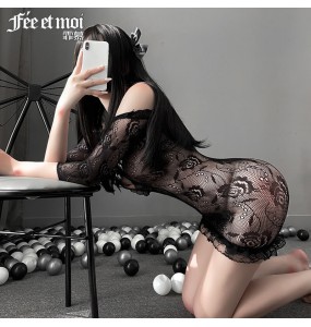 FEE ET MOI Sexy Rose Flowers V Neck Bodysuit (Black)